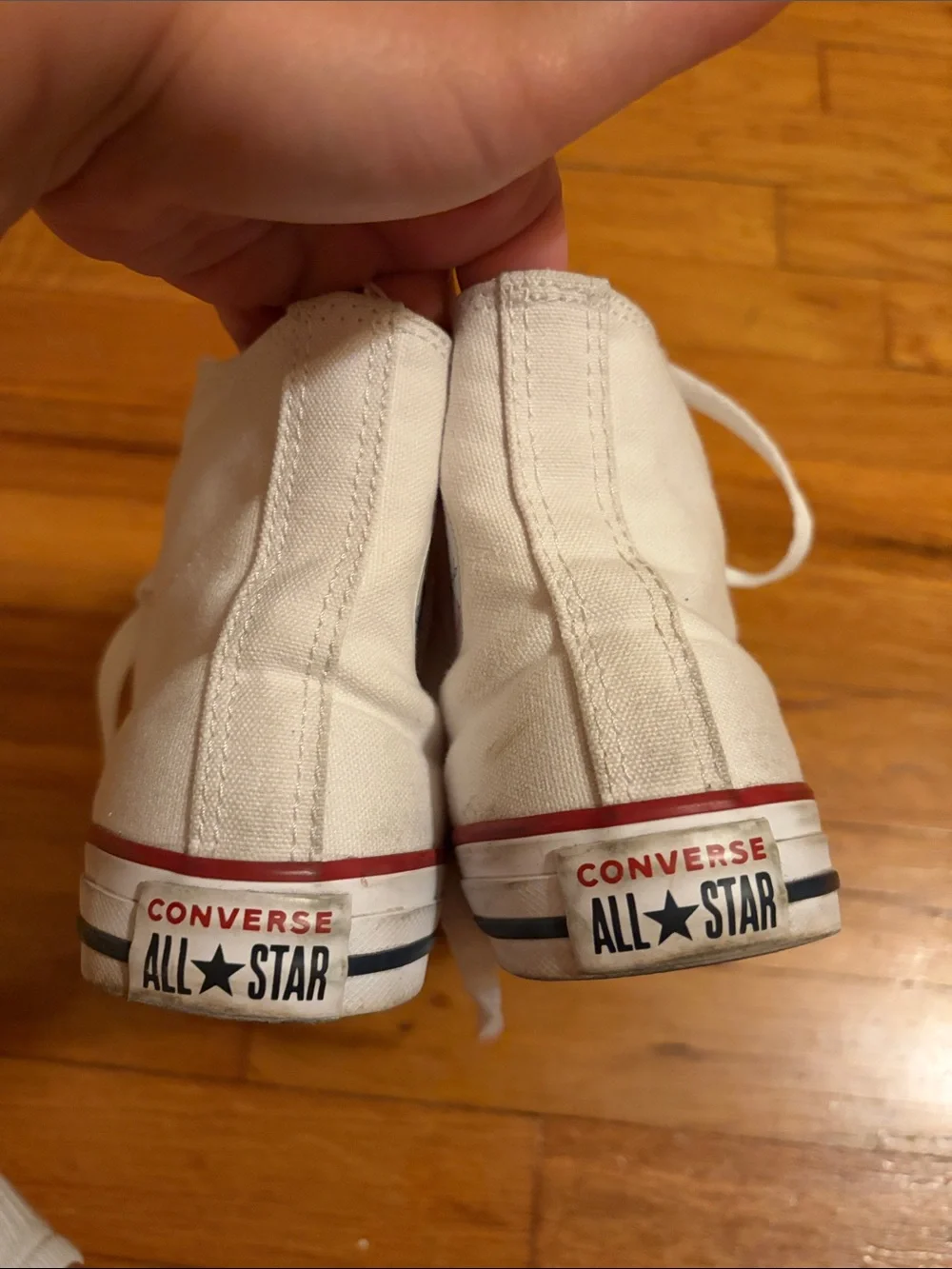 Kids White High-Top Canvas Sneakers with Red & Blue Stripe